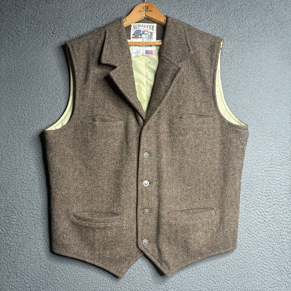 Schaefer Western Wool Vest Size Large Taupe Herringbone Cattle Baron Style 707